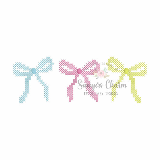 Cross stitch coquette bows trio machine embroidery design, vintage stitch, cross-stitch
