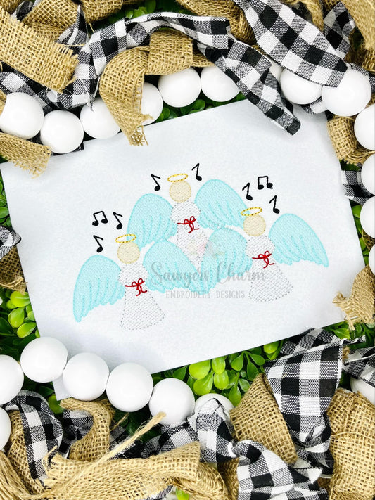 Christmas angels trio sketch stitch machine embroidery design file, bean stitch details, happy holidays, Merry Christmas, quick stitch
