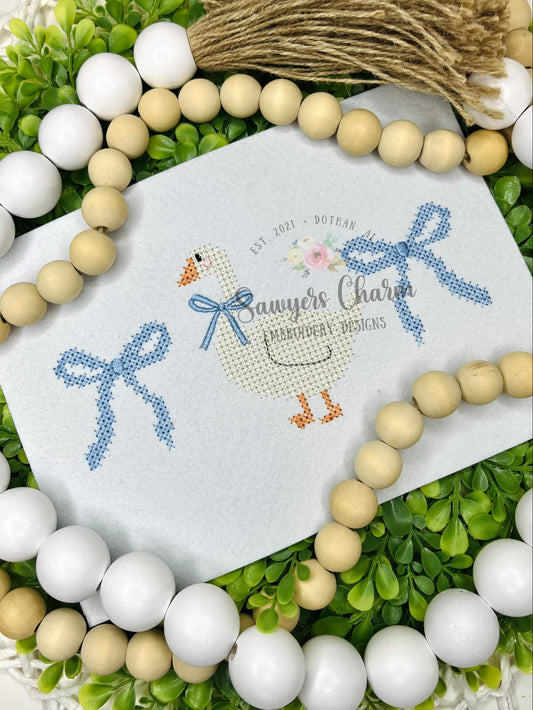 Cross stitch goose with coquette bows trio machine embroidery design file, spring farm animal, Easter, duck