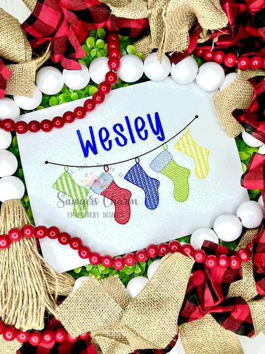 BUNDLE Christmas stockings bunting banner with & without bow sketch stitch, machine embroidery design file, quick stitch bean stitch holiday