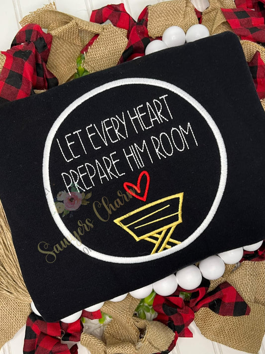 Let Every Heart Prepare Him Room manger with heart, satin stitch machine embroidery design, happy holidays, Merry Christmas, Baby Jesus
