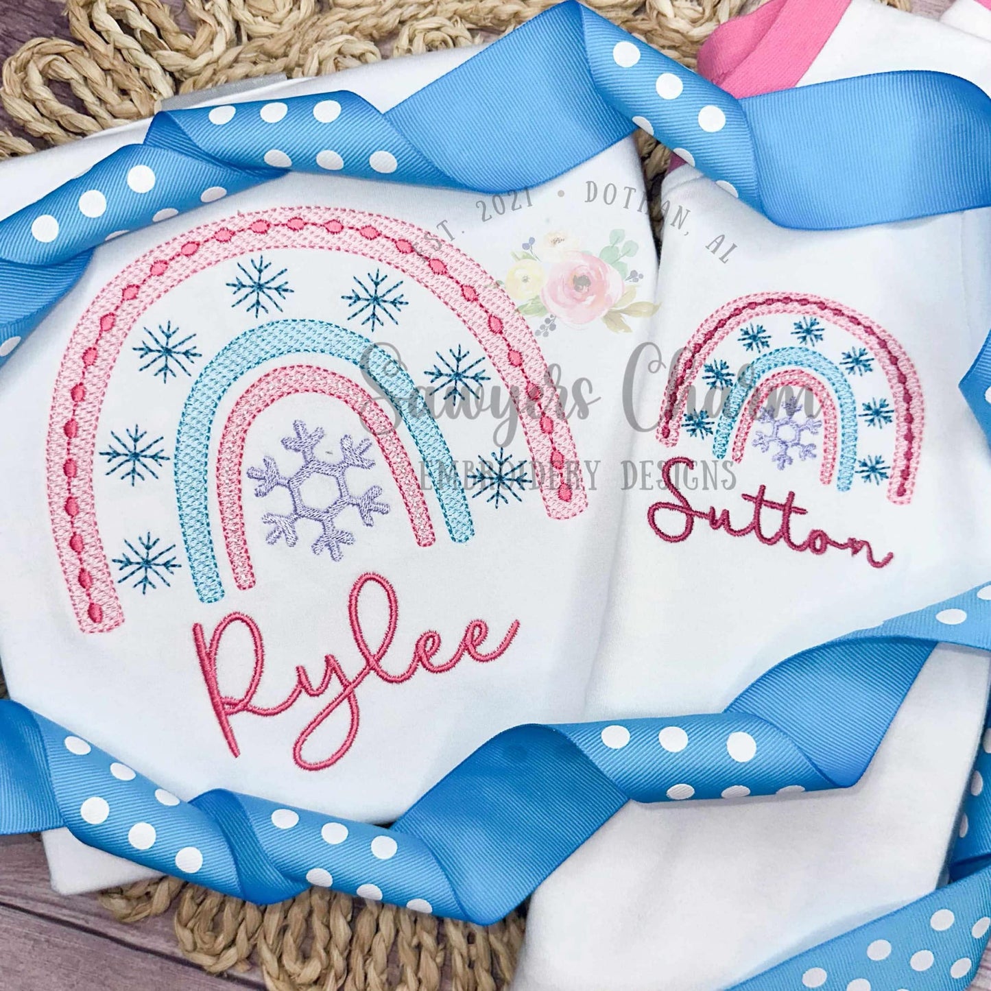 Snowflake rainbow sketch stitch machine embroidery design, bean stitch details, Christmas/winter wonderland, boho holidays