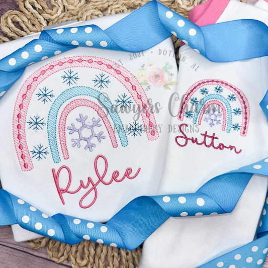 Snowflake rainbow sketch stitch machine embroidery design, bean stitch details, Christmas/winter wonderland, boho holidays