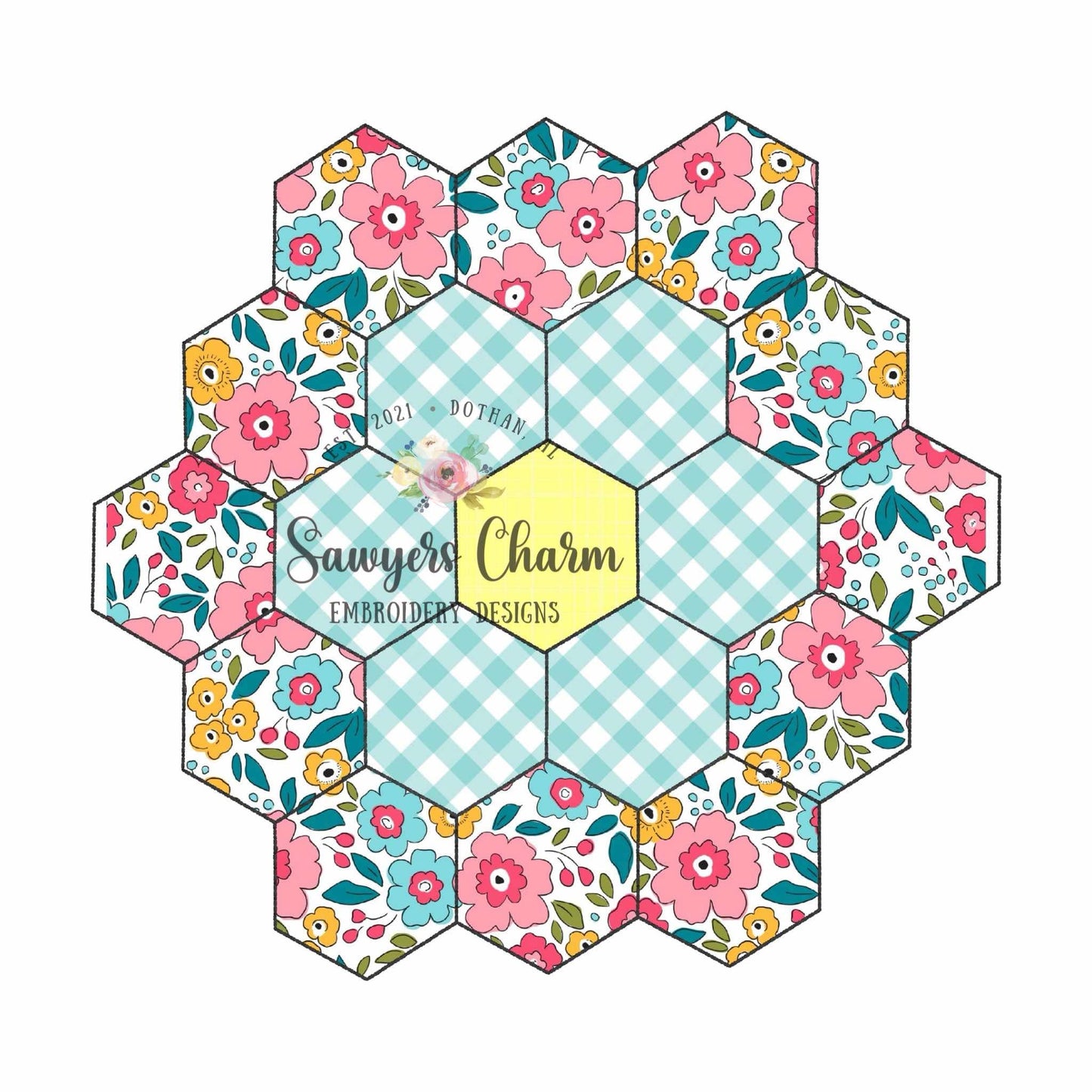 Hexagon bean stitch applique, machine embroidery file, vintage quilt design, grandmother's flower garden