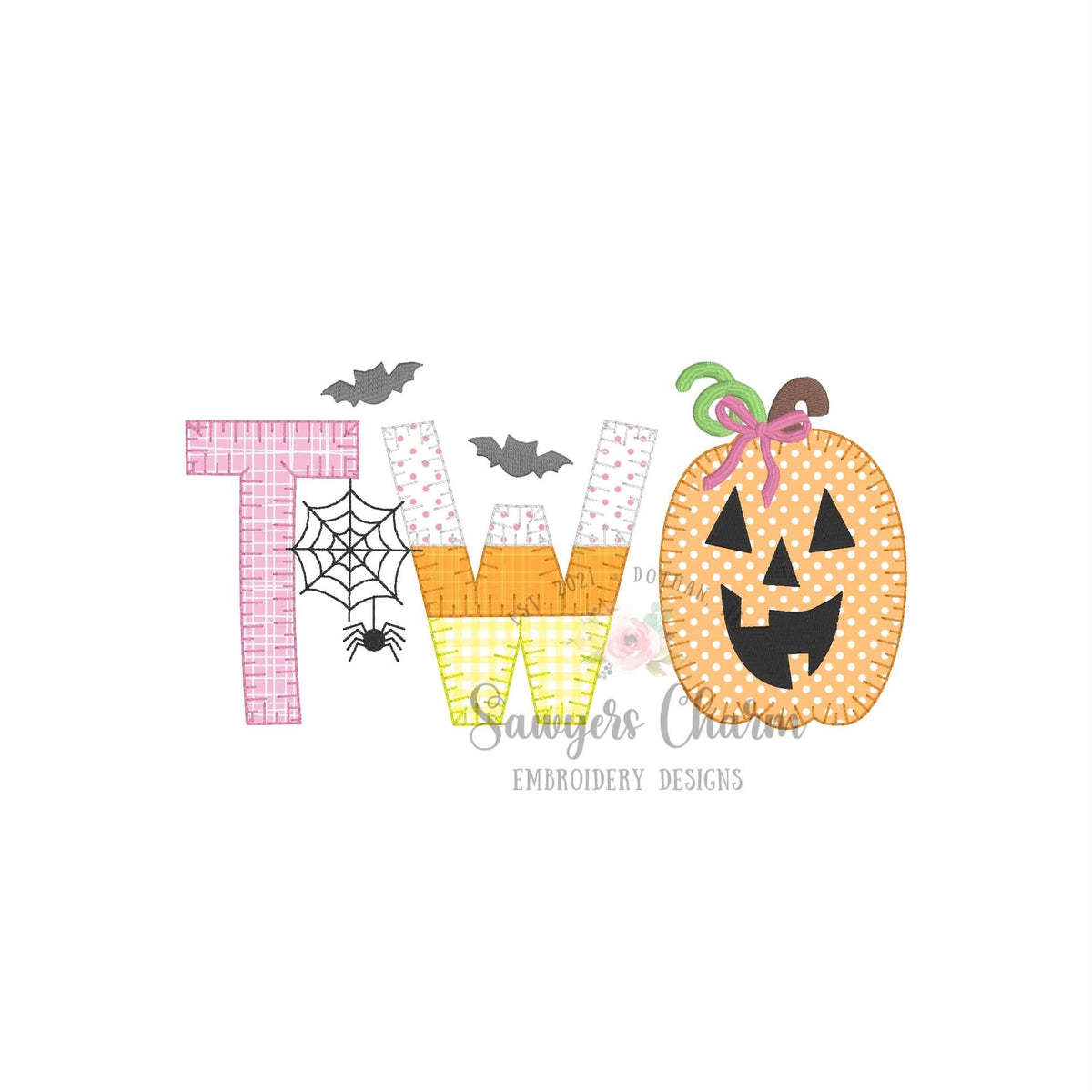 Halloween TWO jackolantern blanket stitch applique BUNDLE, embroidery design, second birthday, includes bow, fall pumpkin, bats, spiderweb