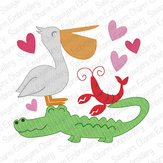 Valentine's Day stacked animals with hearts sketch stitch machine embroidery design, alligator, crawfish, pelican