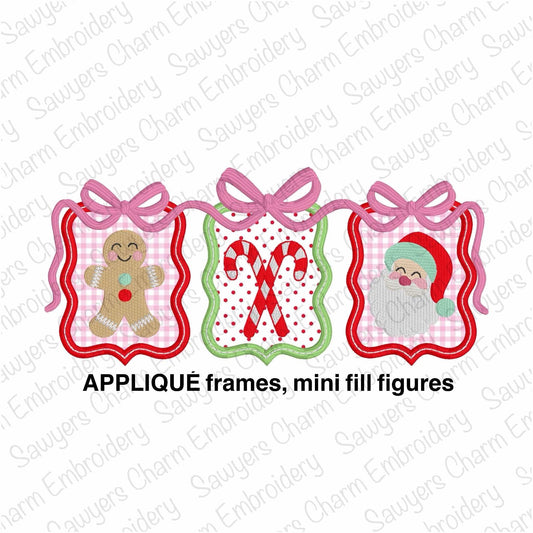 Coquette Bows Christmas frames APPLIQUE trio satin & fill stitch machine embroidery design, Gingerbread, candy canes, Santa Claus mini fill