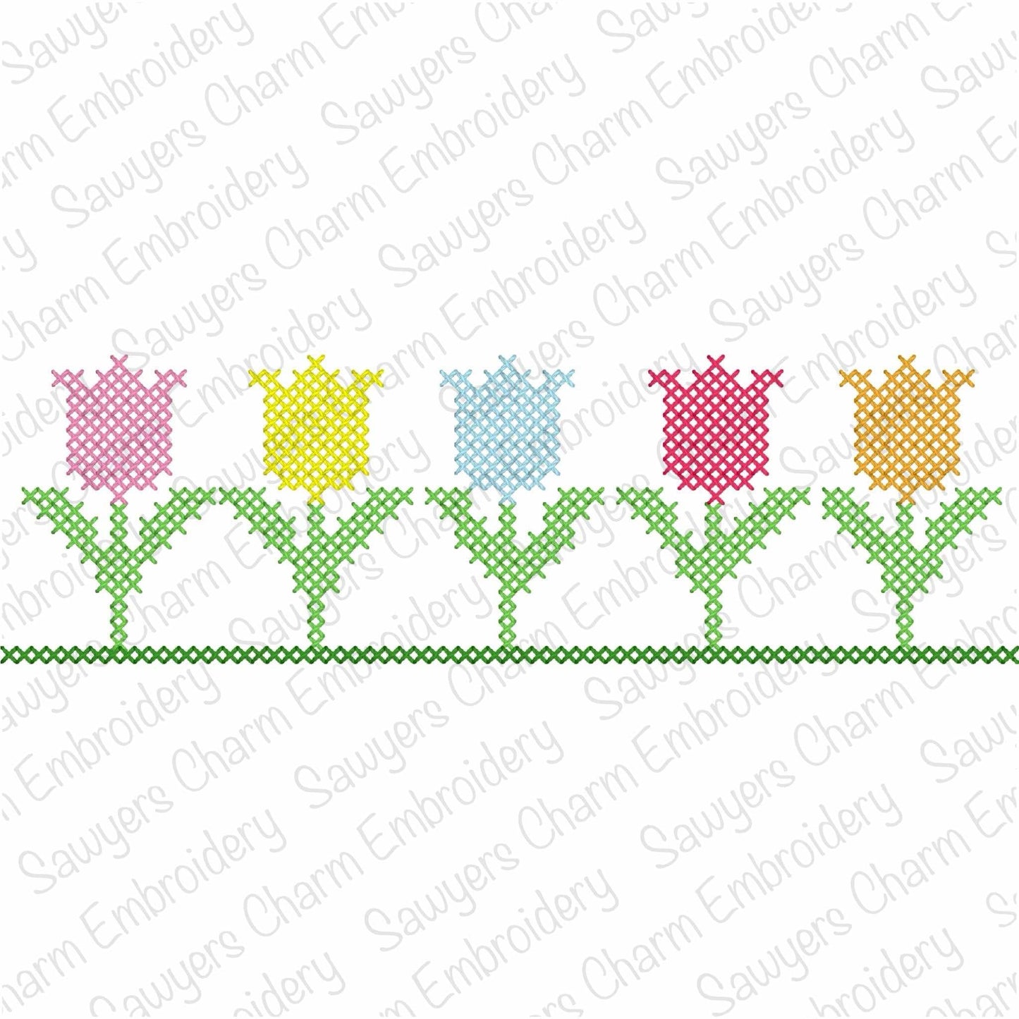 Row of tulips cross stitch machine embroidery design file, quick stitch, spring flowers