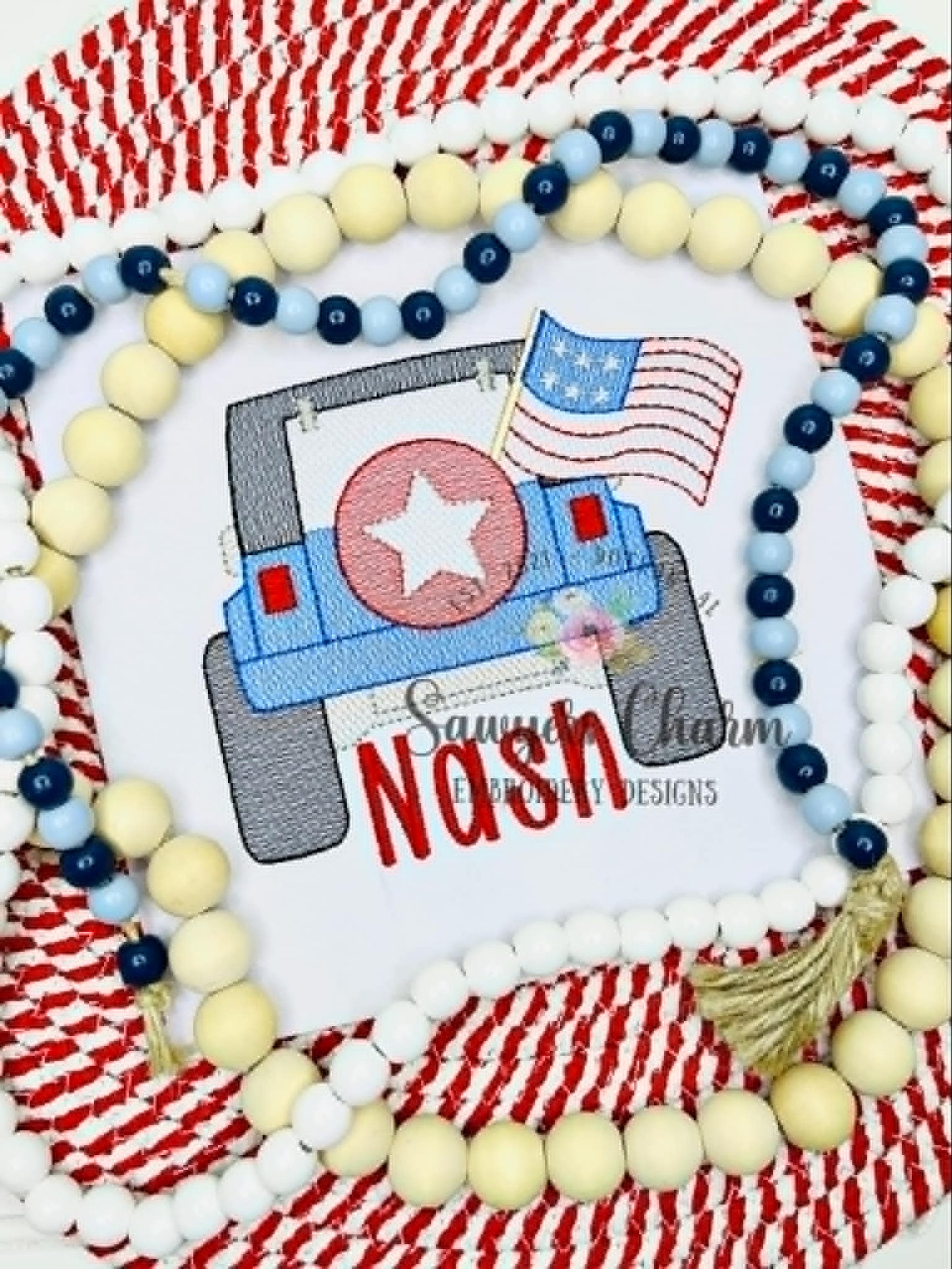 Patriotic Off Road vehicle truck with American flag sketch stitch, machine embroidery design, transportation, mudding, SUV, USA, beach