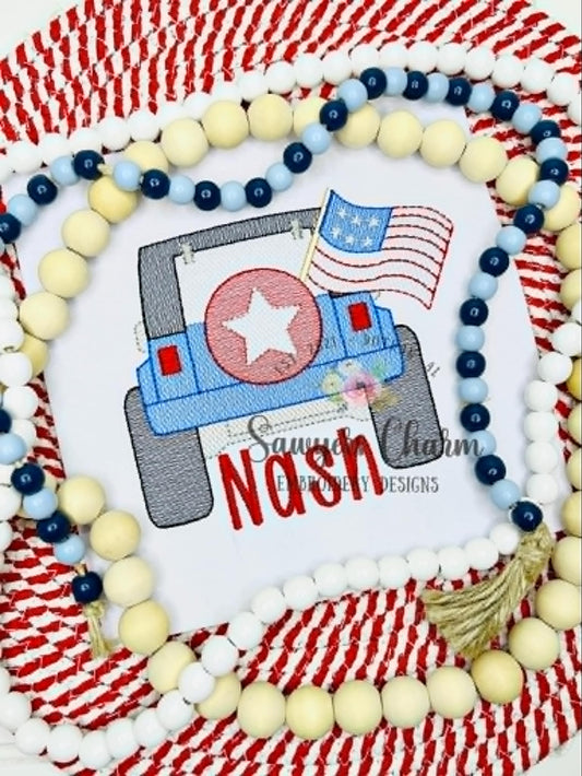Patriotic Off Road vehicle truck with American flag sketch stitch, machine embroidery design, transportation, mudding, SUV, USA, beach