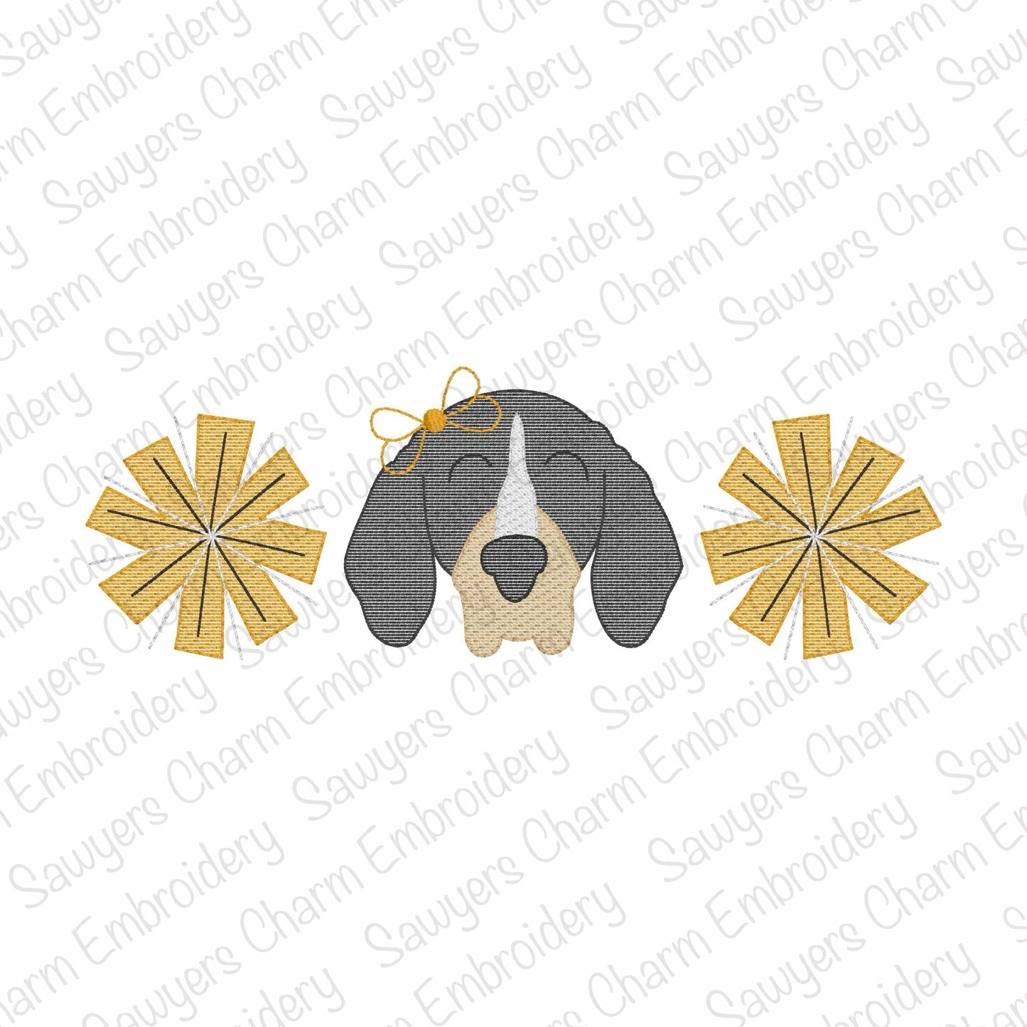 Hound dog mascot pompoms sketch stitch trio, machine embroidery design, quick stitch, coquette bow, cheerleading fan, dance, football