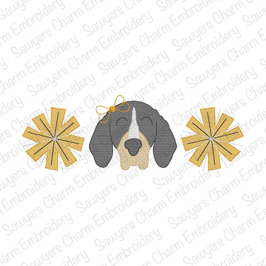 Hound dog mascot pompoms sketch stitch trio, machine embroidery design, quick stitch, coquette bow, cheerleading fan, dance, football