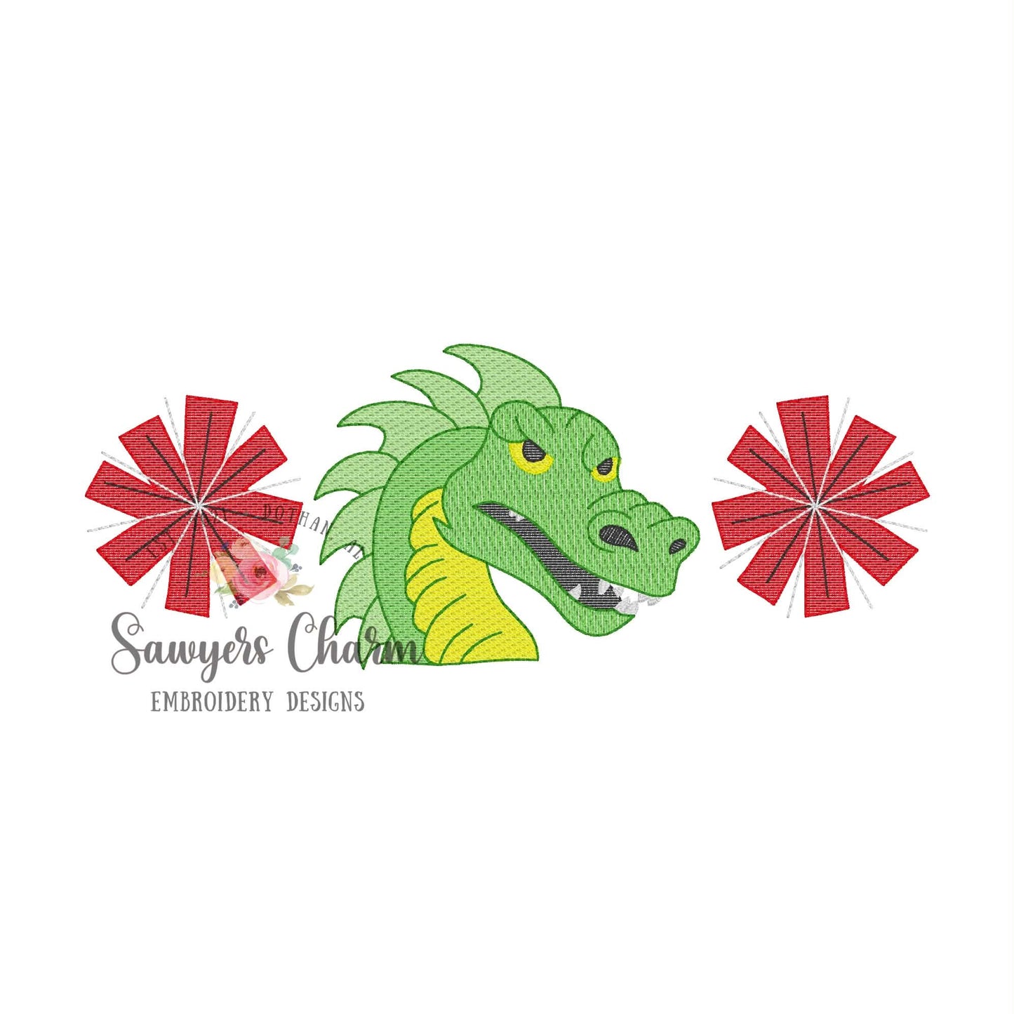 Dragon mascot & pom poms trio, sketch stitch embroidery design, fall sports, cheer, dance, football