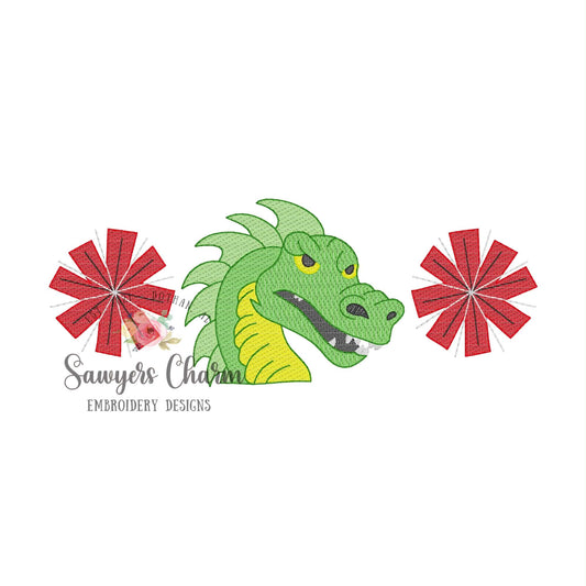 Dragon mascot & pom poms trio, sketch stitch embroidery design, fall sports, cheer, dance, football