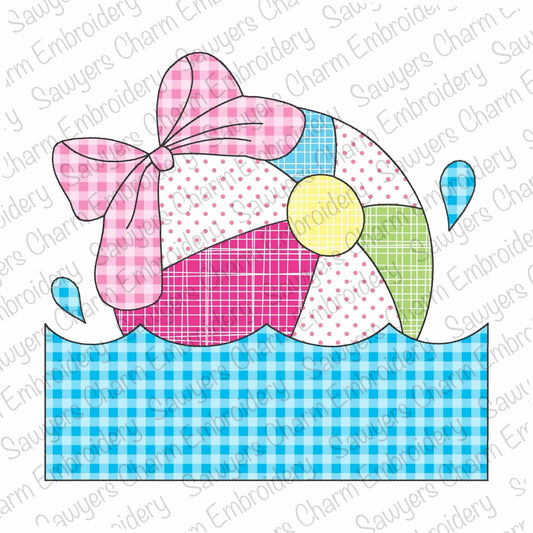 BUNDLE Beach ball with coquette bow and water/waves name plate bean & zigzag applique, machine embroidery design file, summer nautical beach