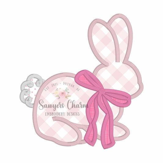 Bunny rabbit with coquette bow satin stitch machine applique embroidery design, Easter & spring