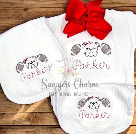 BUNDLE Solid color bulldog & football trio sketch stitch machine embroidery design, with/without coquette bow, fall sports