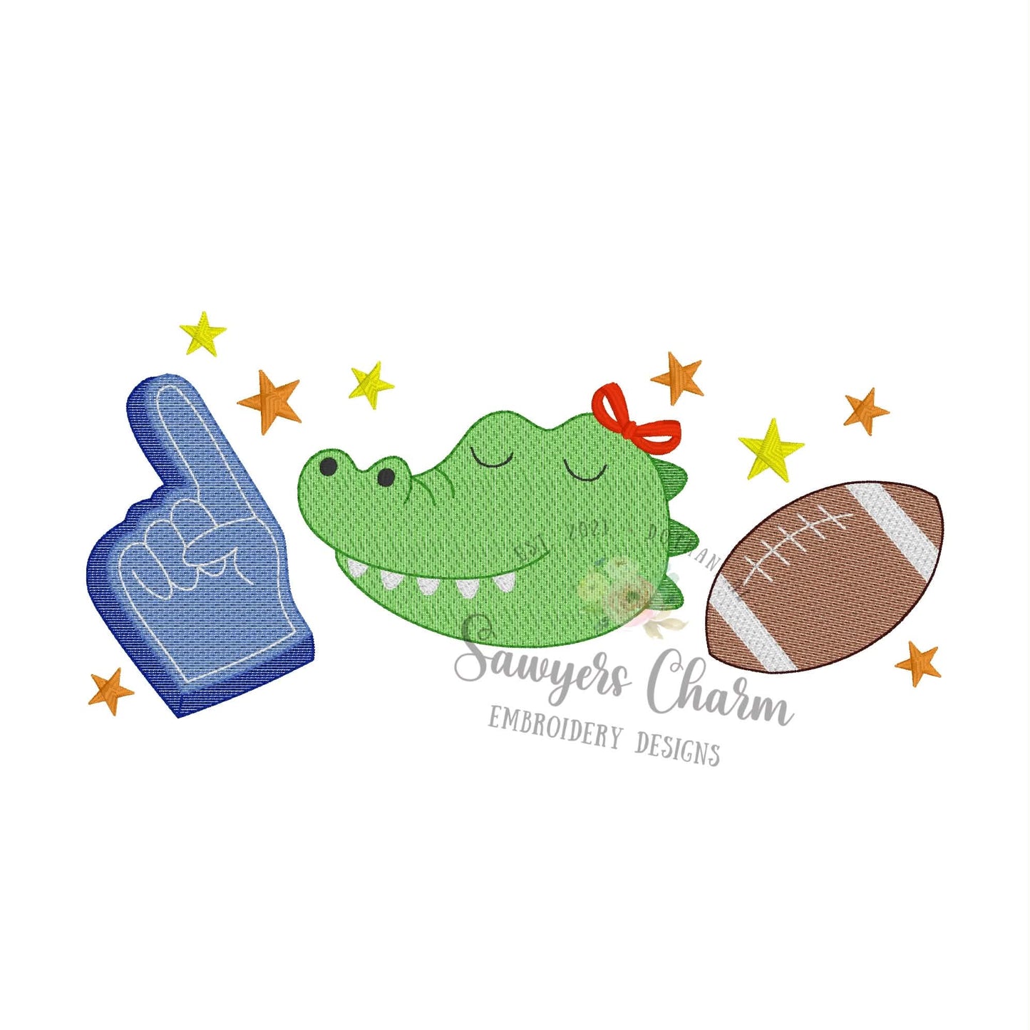 Gator, foam finger, football trio sketch stitch embroidery design with stars, BUNDLE, with/without bow, fall sports mascot