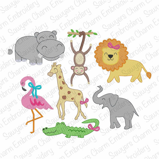 BUNDLE Jungle animals sketch stitch machine embroidery design, elephant, flamingo, gator, lion, giraffe, monkey, hippo, with/without bow