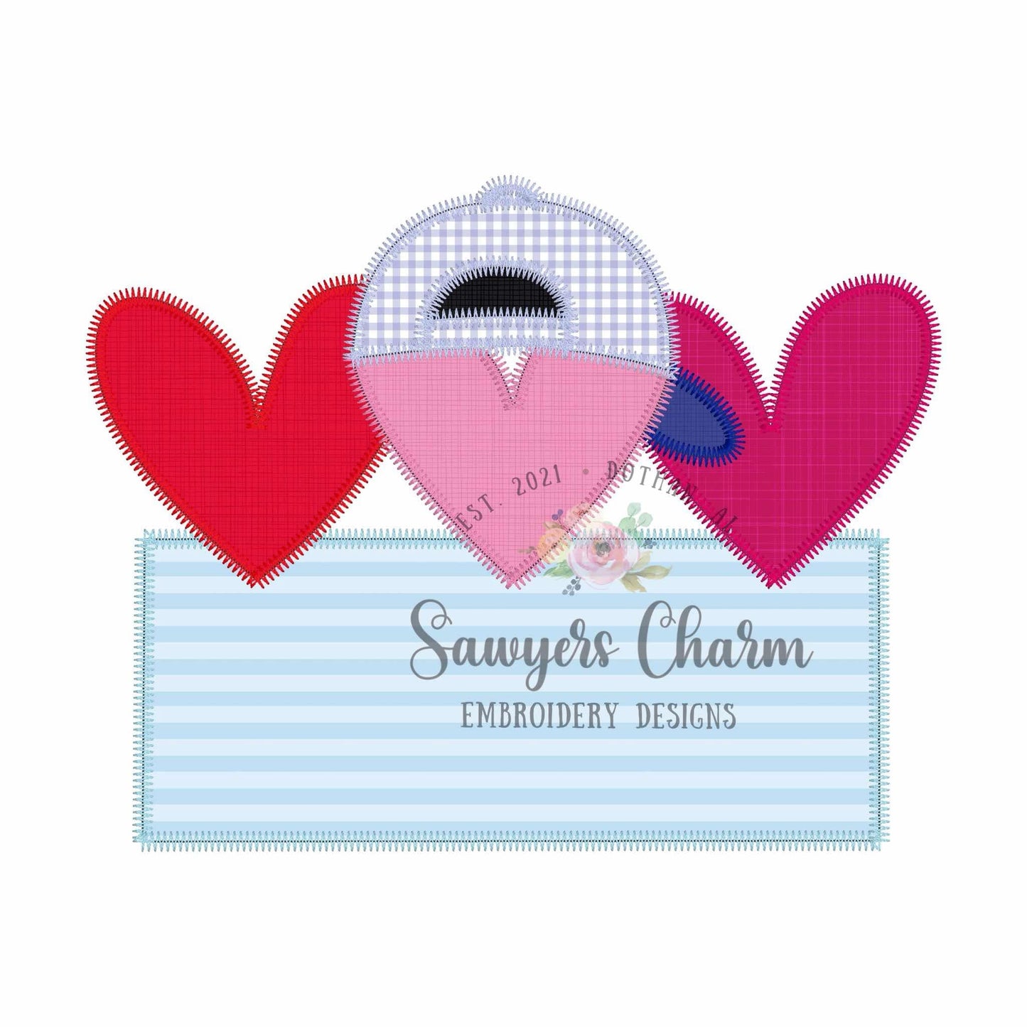 Heart with ballcap/hat trio and name plate zig zag stitch applique, machine embroidery design, Valentine's Day love