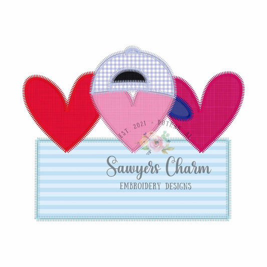 Heart with ballcap/hat trio and name plate zig zag stitch applique, machine embroidery design, Valentine's Day love