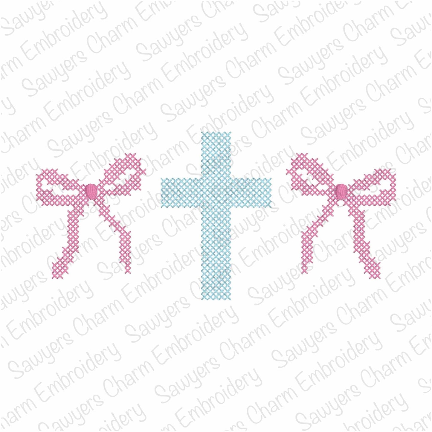 Cross-stitch coquette bows & cross trio machine embroidery design, vintage stitch, Easter Sunday