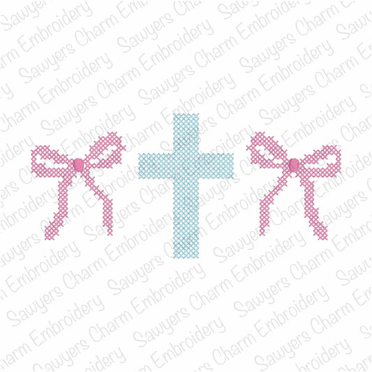 Cross-stitch coquette bows & cross trio machine embroidery design, vintage stitch, Easter Sunday