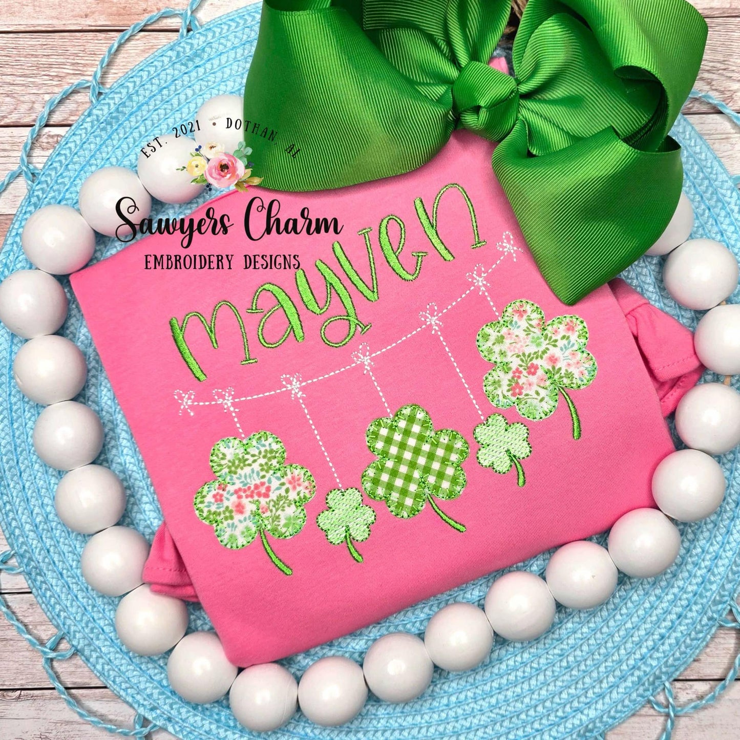 St. Patrick's Day shamrocks clover bunting banner machine applique embroidery design file, quick stitch, bean stitch, blanket stitch, sketch