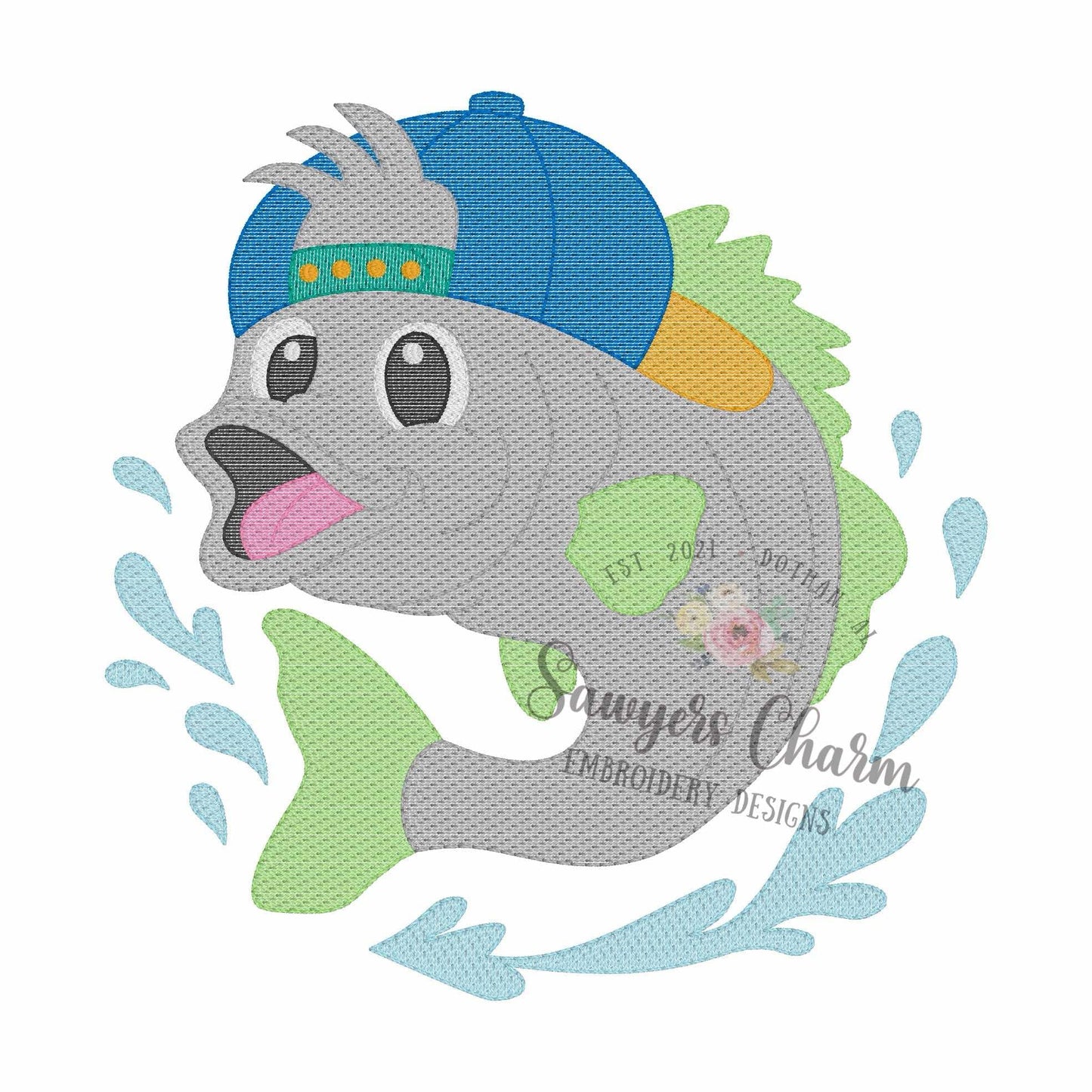 Bass fish sketch stitch embroidery design, ballcap/hat, summer fishing, lots of sizes included