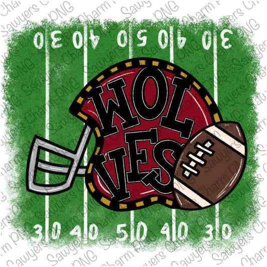 PNG Wolves football helmet & field Printable file, Sublimation/Heat Transfer Design/Digital Clipart, sports mascot, red/gold, 50 yard line