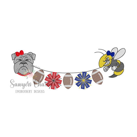 Bulldog & Yellow jackets mascot with football/pom poms bunting, sketch stitch embroidery design, coquette bows, house divided