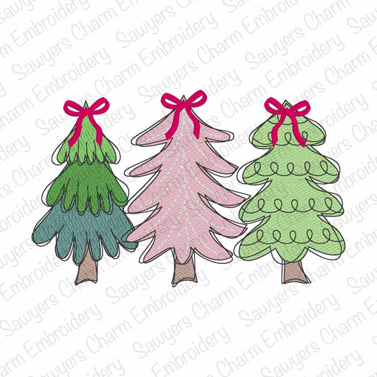 Whimsical Christmas trees trio with coquette bows sketch stitch machine embroidery design, Woodland, boho, modern, trendy, preppy holiday