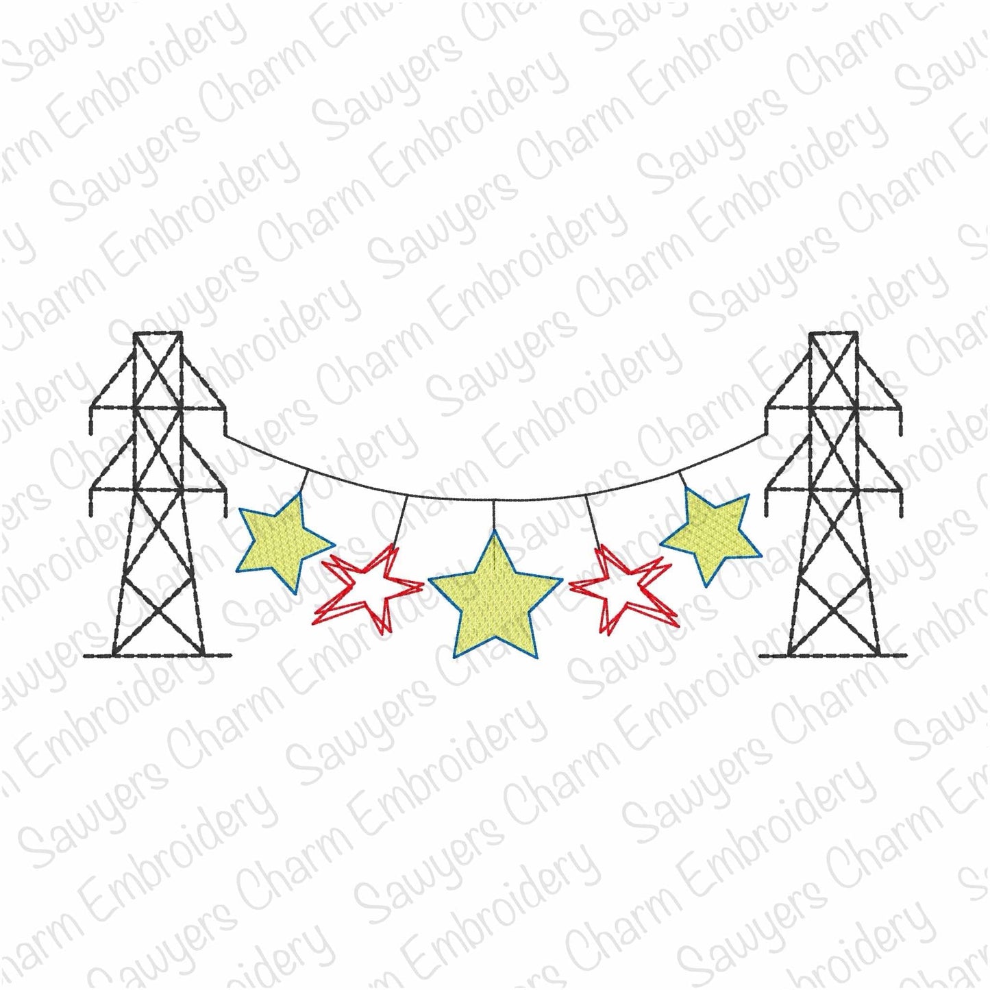 Transmission tower lineman patriotic stars bunting banner, sketch stitch machine embroidery design, Fourth of July, power line
