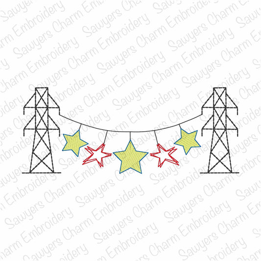 Transmission tower lineman patriotic stars bunting banner, sketch stitch machine embroidery design, Fourth of July, power line
