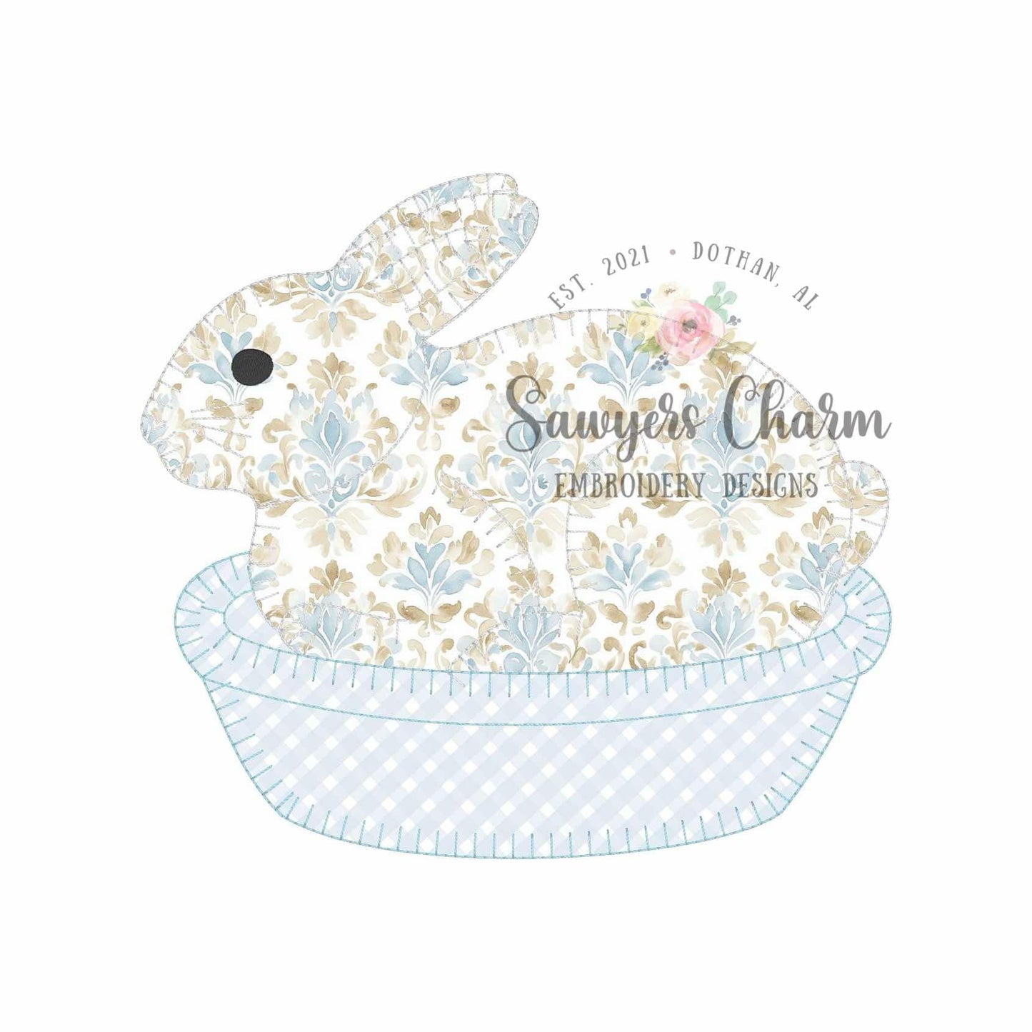 Bunny rabbit on nest blanket stitch machine applique embroidery design, Vintage Easter