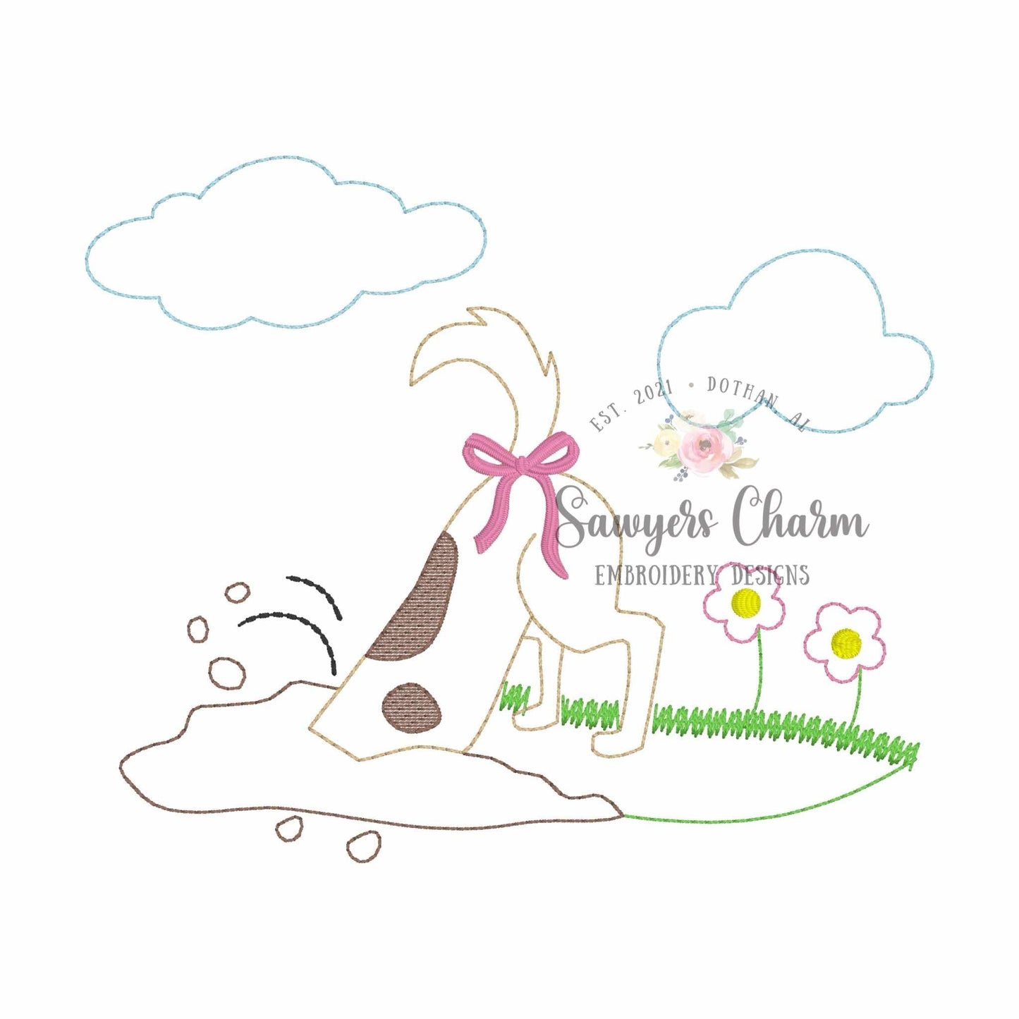 Puppy dog digging in dirt/grass vintage outline bean stitch machine embroidery design BUNDLE, includes version with/without flowers & bow