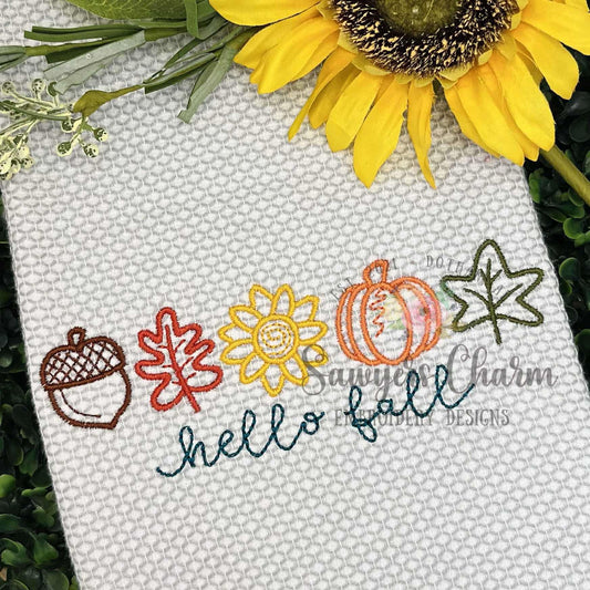 Trendy fall doodles satin stitch machine embroidery design file, coquette, hello fall, leaves, acorn, sunflower, pumpkin, larger sizes