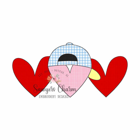 BUNDLE heart with ballcap/hat trio bean & zig zag stitch applique, machine embroidery design, Valentine's Day love