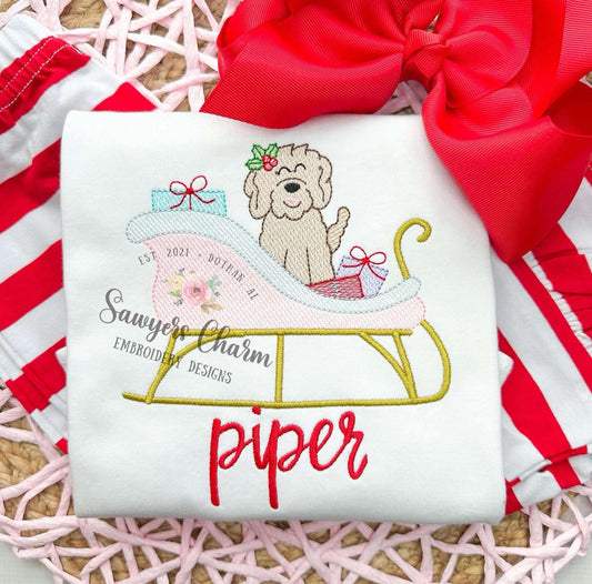 BUNDLE sleigh with (girl/boy) golden doodle & presents sketch stitch machine embroidery design file, holidays, Santa Claus, Merry Christmas
