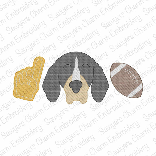 Foam finger, hound dog mascot, football sketch stitch trio, machine embroidery design, quick stitch, college university sports, cheer, fan