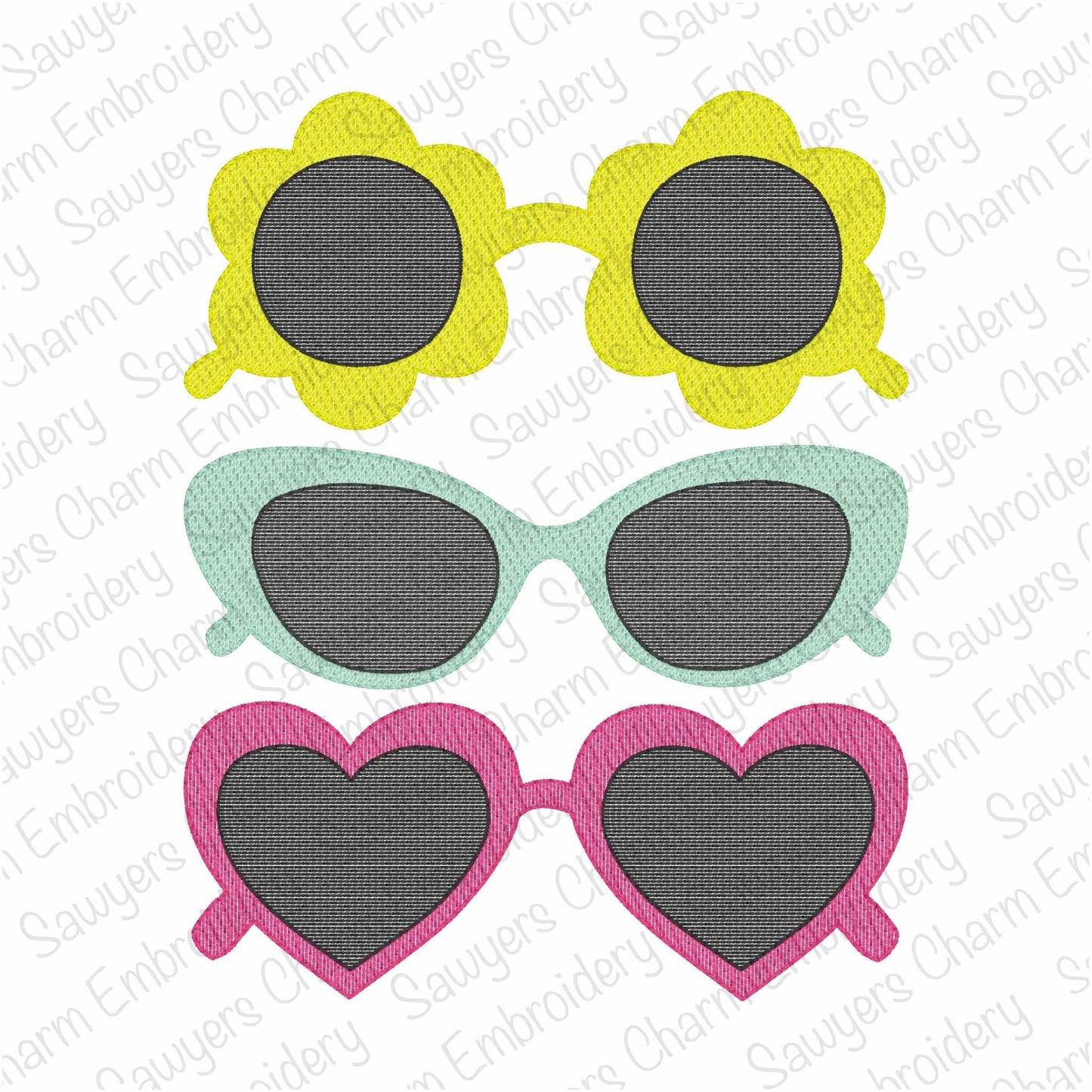 Sunglasses trio sketch stitch machine embroidery design, Retro summer sunnies/shades
