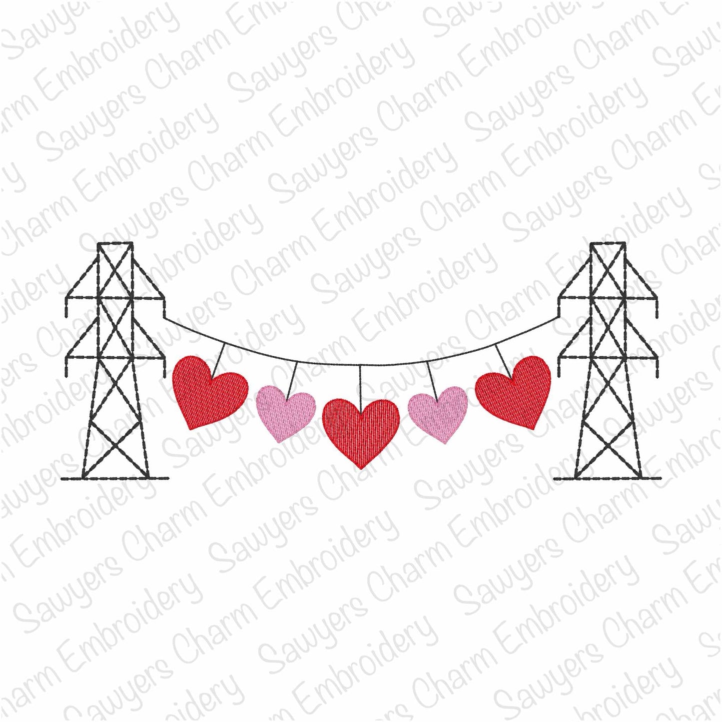 Valentine Transmission tower lineman hearts bunting banner, sketch stitch machine embroidery design, bean stitch, love