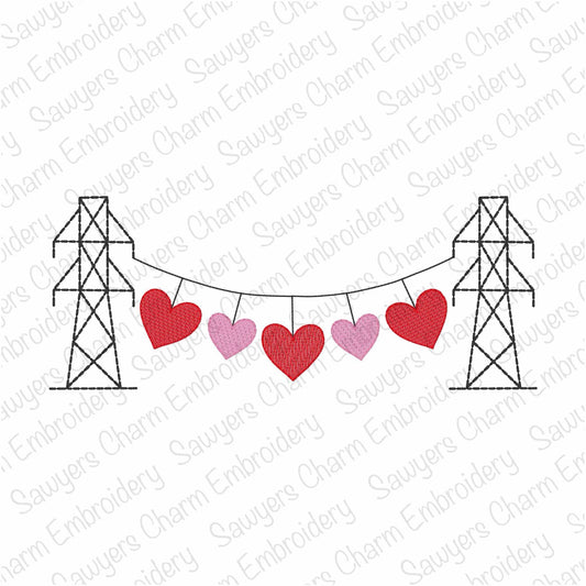 Valentine Transmission tower lineman hearts bunting banner, sketch stitch machine embroidery design, bean stitch, love