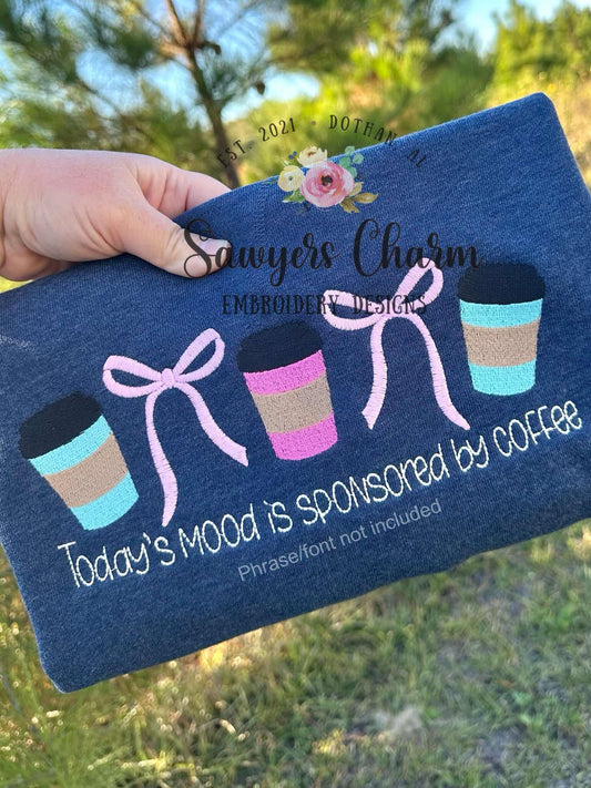 Trendy Coquette Bows & Coffee cup fill stitch, machine embroidery design, Larger sizes included (Digital Download)