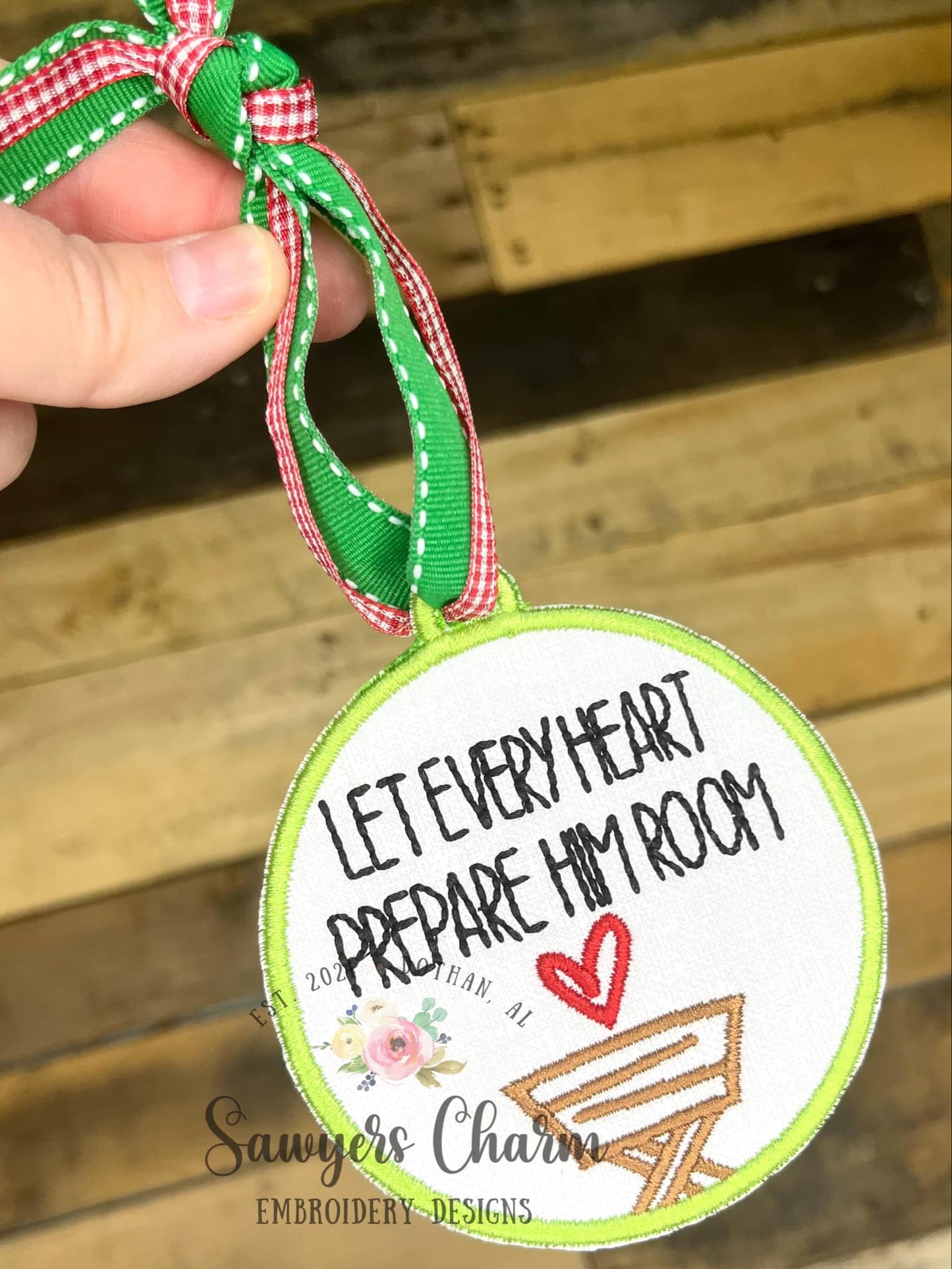 ITH Let Every Heart Prepare Him Room manger with heart Christmas ornament, satin stitch machine embroidery design, happy holidays, Merry Christmas, Baby Jesus