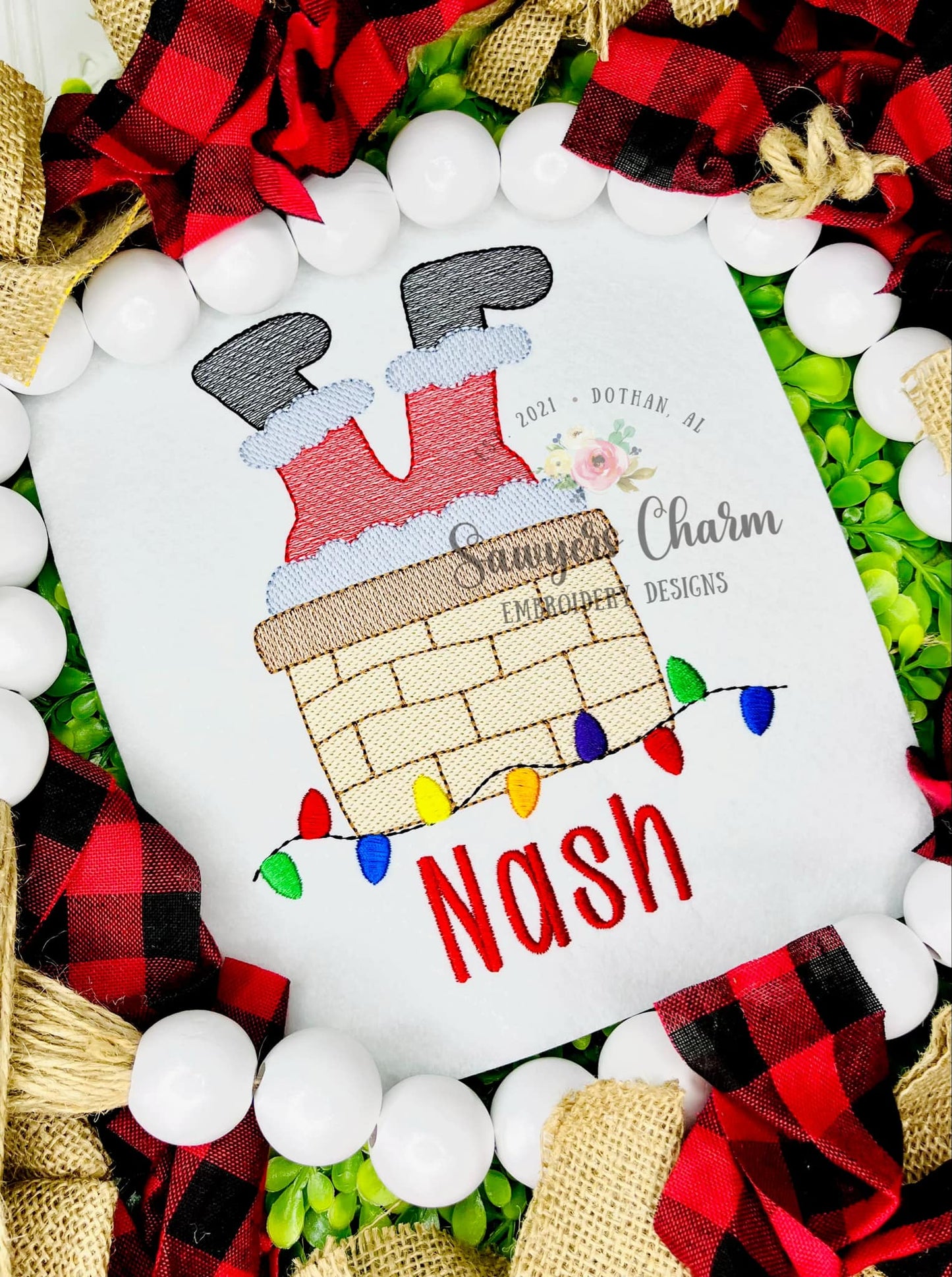 Santa Claus stuck in chimney light fill sketch stitch machine embroidery design, happy holidays, Merry Christmas, lights on roof