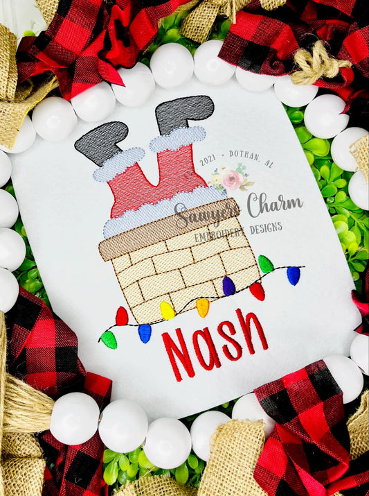 Santa Claus stuck in chimney light fill sketch stitch machine embroidery design, happy holidays, Merry Christmas, lights on roof
