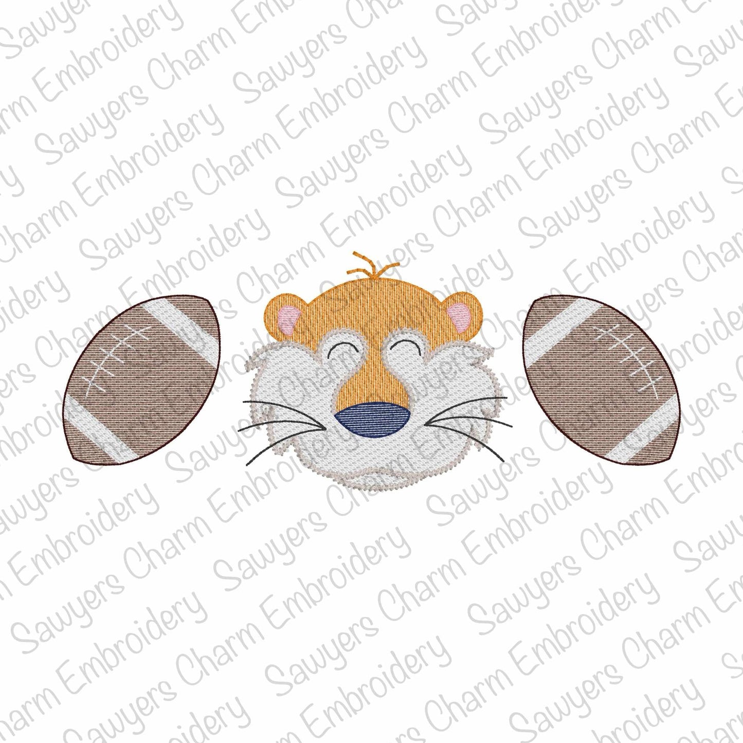 Tiger mascot with footballs trio, sketch stitch machine embroidery design file, fall sports, quick stitch, college, high school