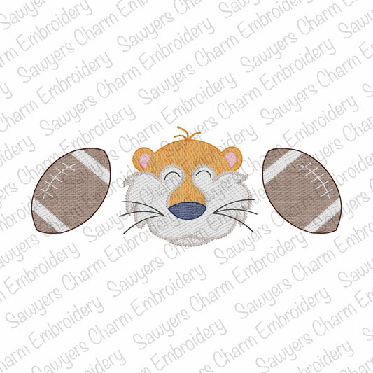 Tiger mascot with footballs trio, sketch stitch machine embroidery design file, fall sports, quick stitch, college, high school