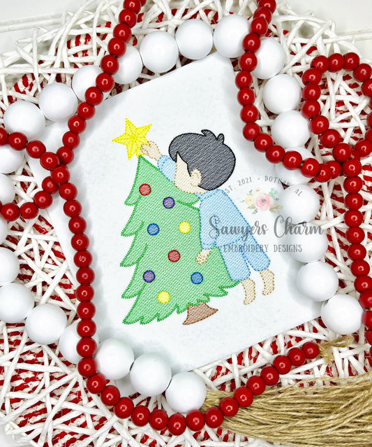 Little boy putting star on Christmas tree sketch stitch machine embroidery design, happy holidays, Merry Christmas, ornaments, pajamas